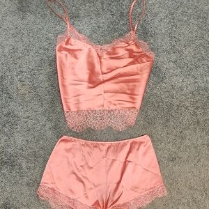 Women's Pink Lace Trim Satin Sleepwear Set